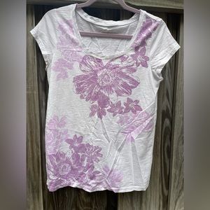 Garnet Hill, short sleeve t-shirt with purple flowers.
